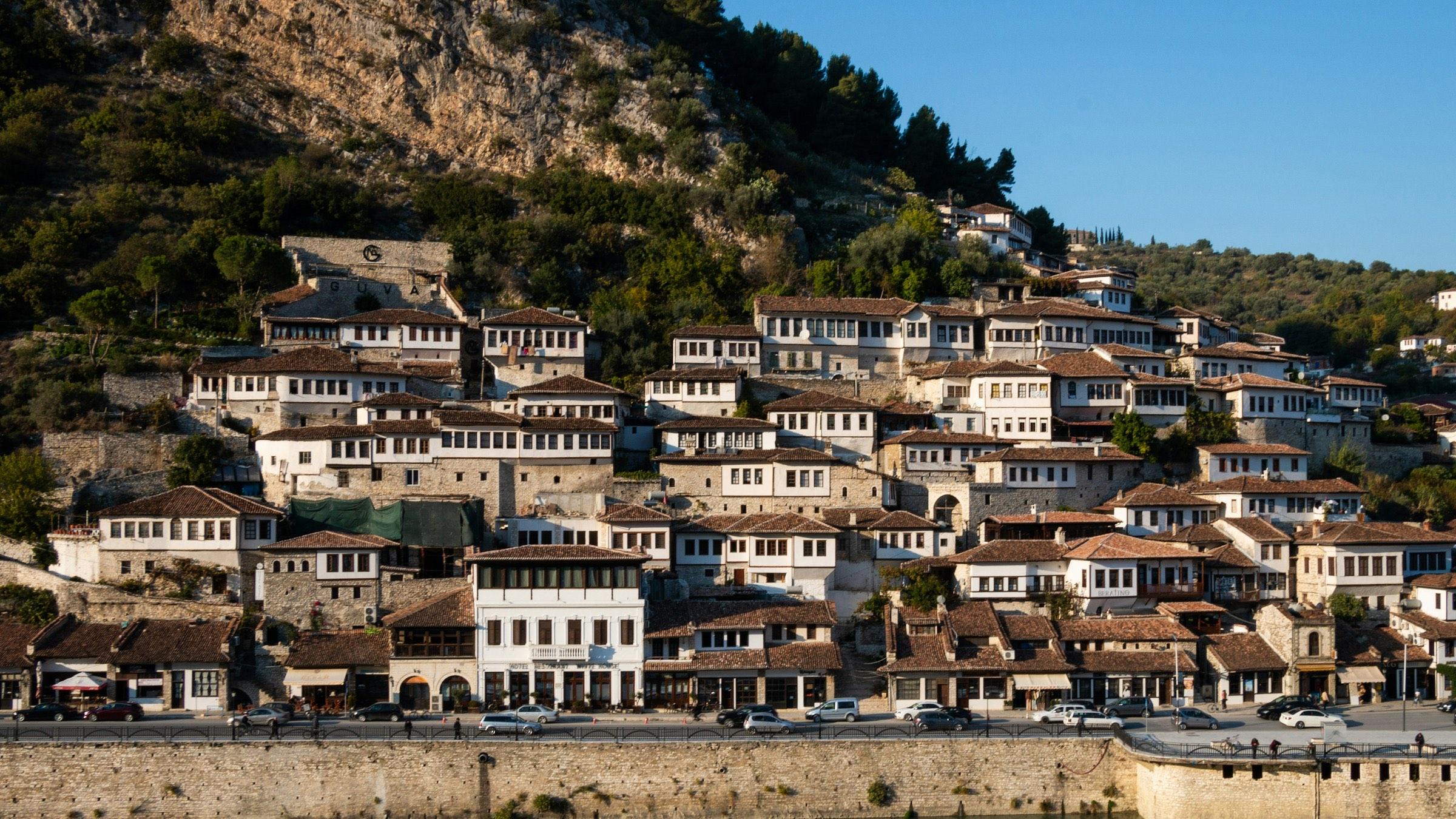 Berat's old town of white Ottoman houses on a hillside, Albania