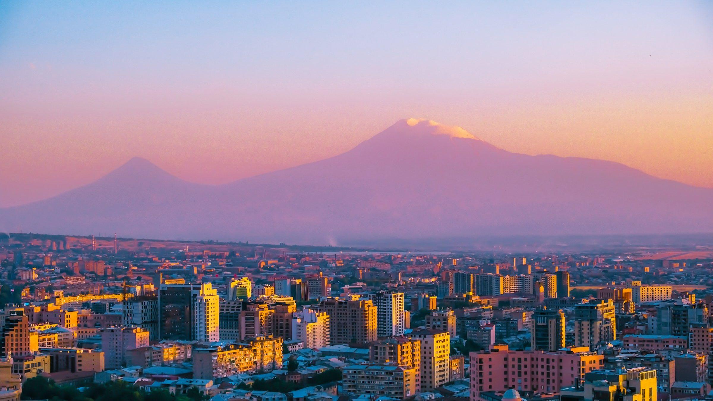 Yerevan at sunset with Mount Ararat behind, Armenia