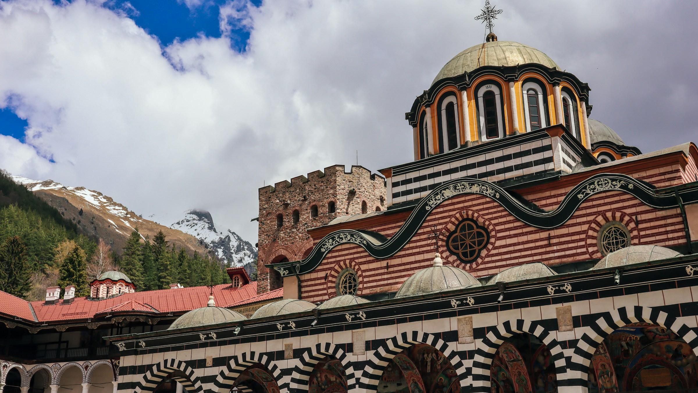 Rila Monastery and Hrelyo's Tower below the Rila mountains