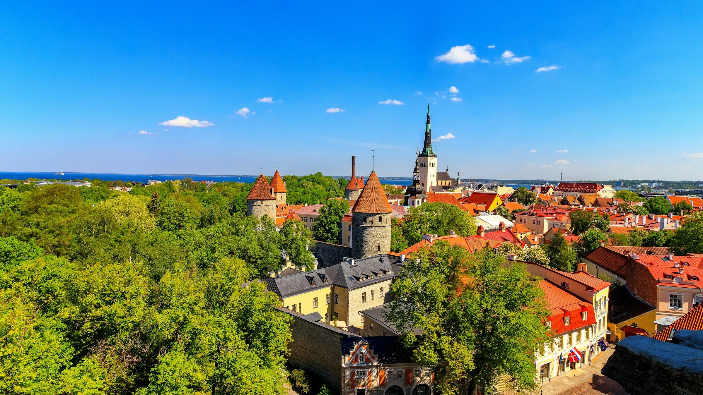 Tallinn's Old Town towers and the spire of St Olaf's Church, with the Baltic Sea behind