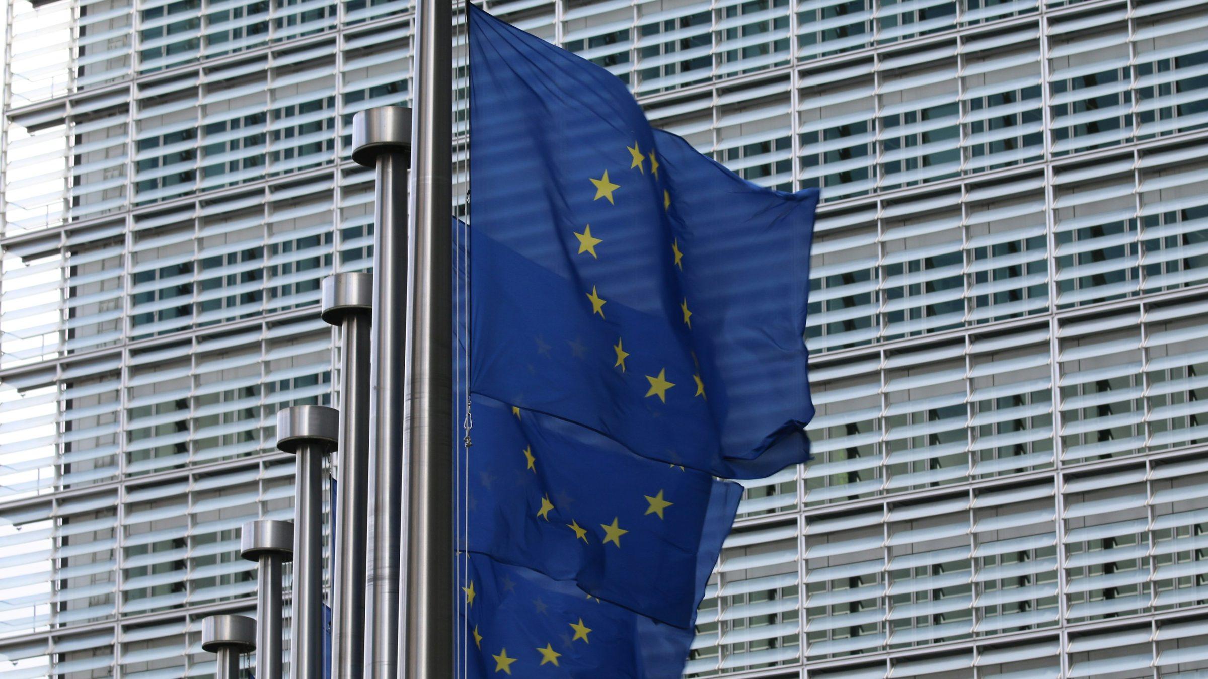 EU flags outside the European Commission's Berlaymont building in Brussels