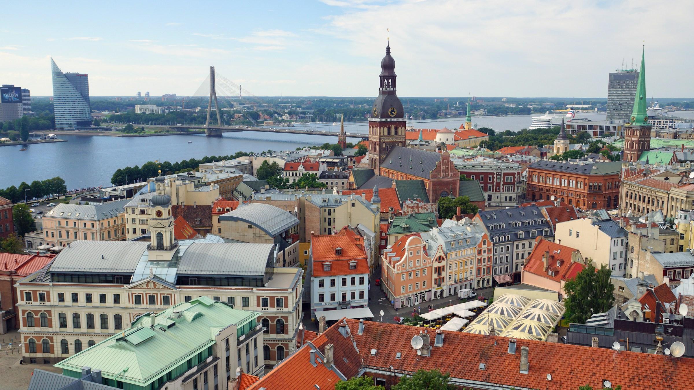 The rooftops of Riga's Old Town and the Daugava river
