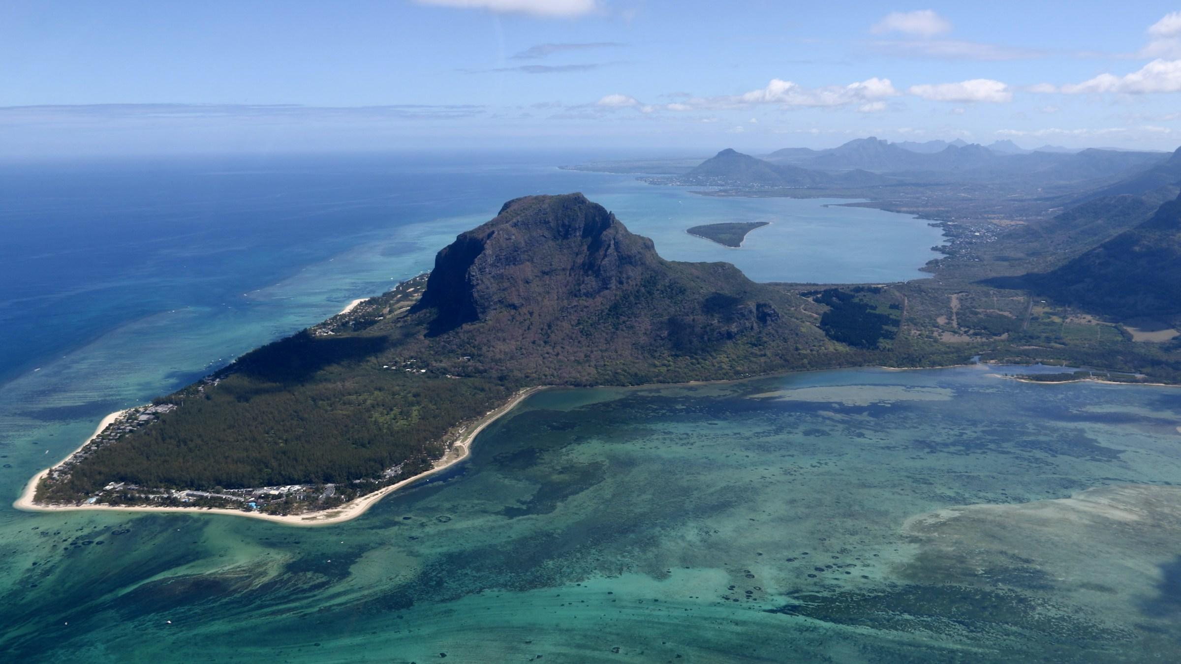 Le Morne Brabant and its lagoon from above, on the south-west tip of Mauritius