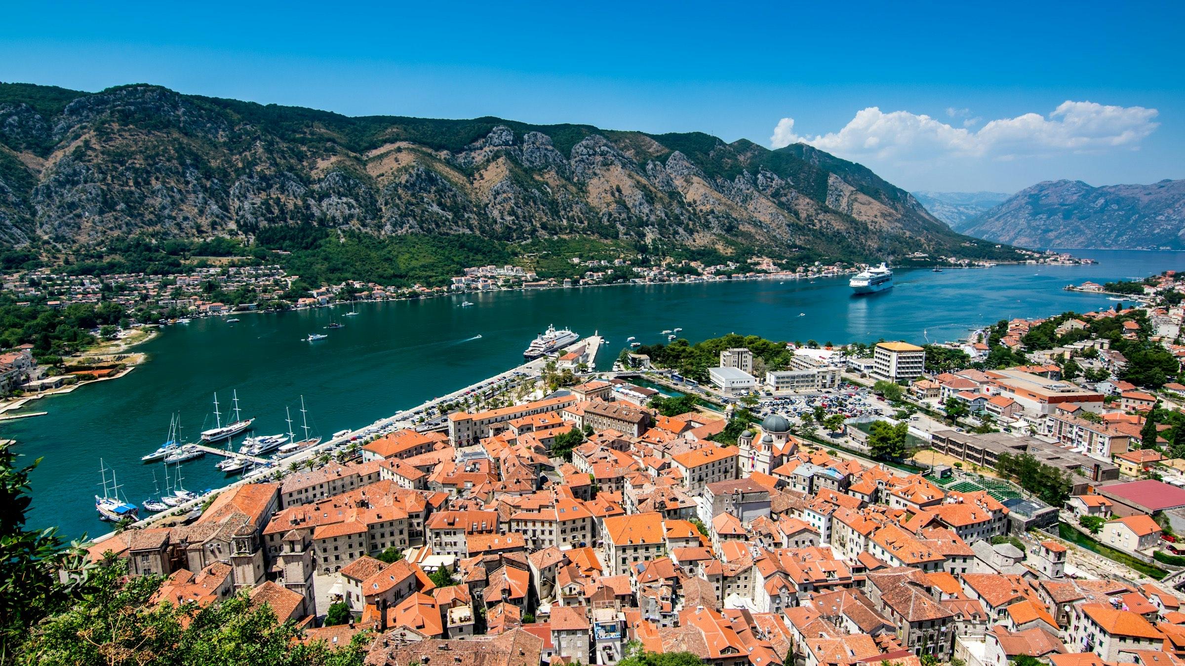 Kotor old town and the Bay of Kotor, Montenegro, seen from the fortress walls