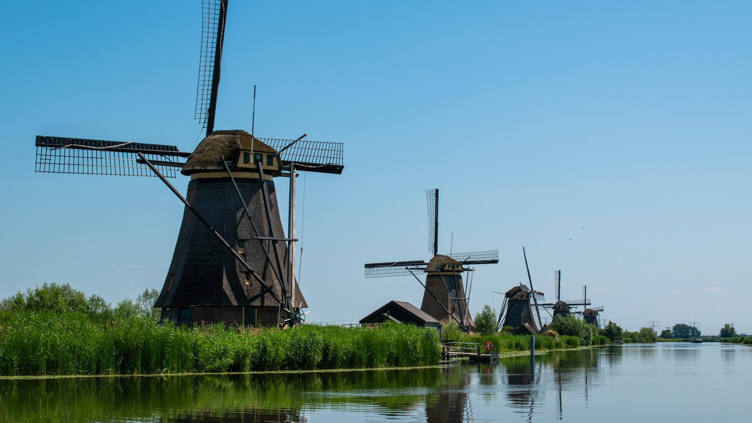 The windmills of Kinderdijk along the canal, South Holland