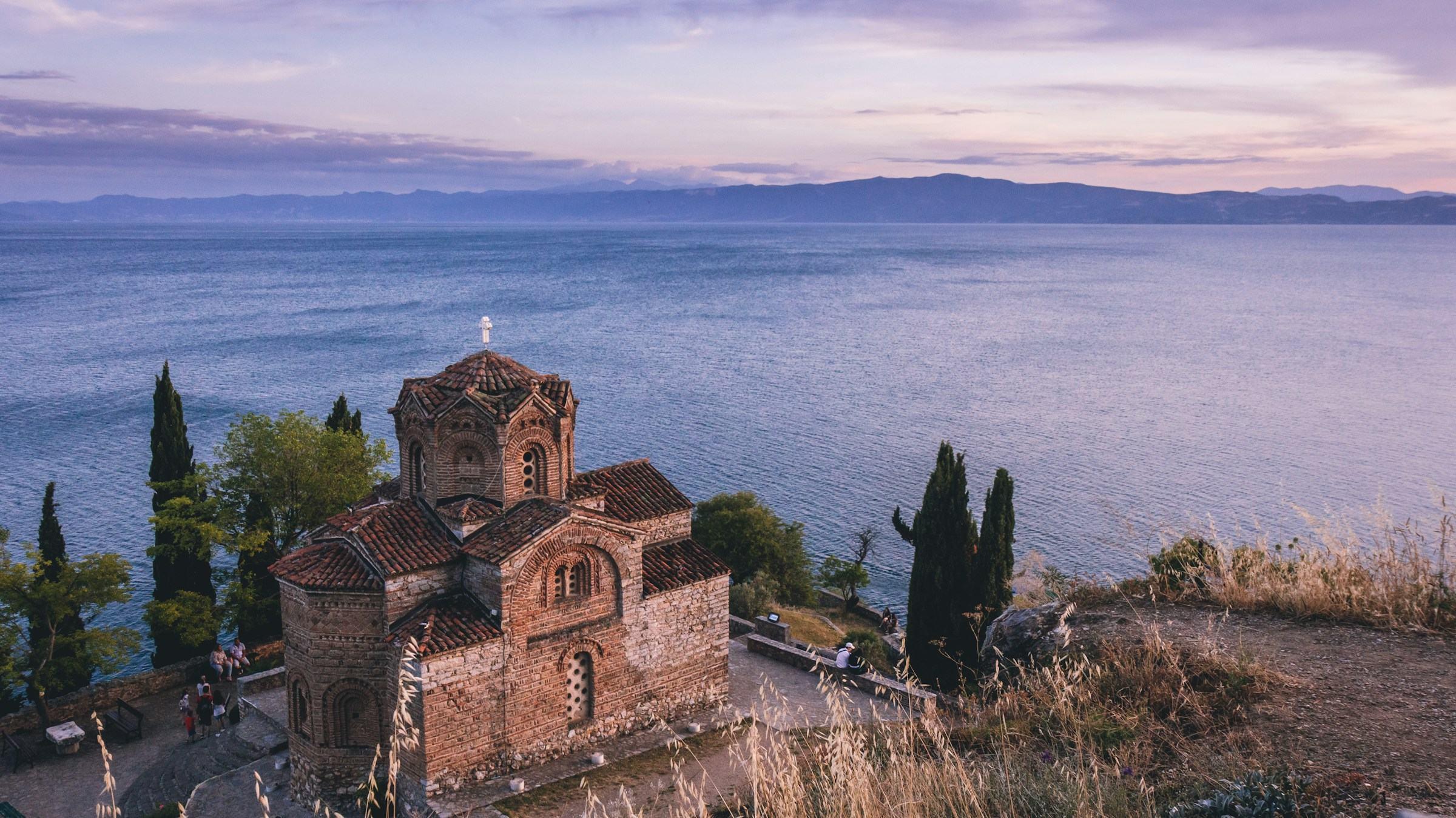 The Church of St John at Kaneo above Lake Ohrid at dusk