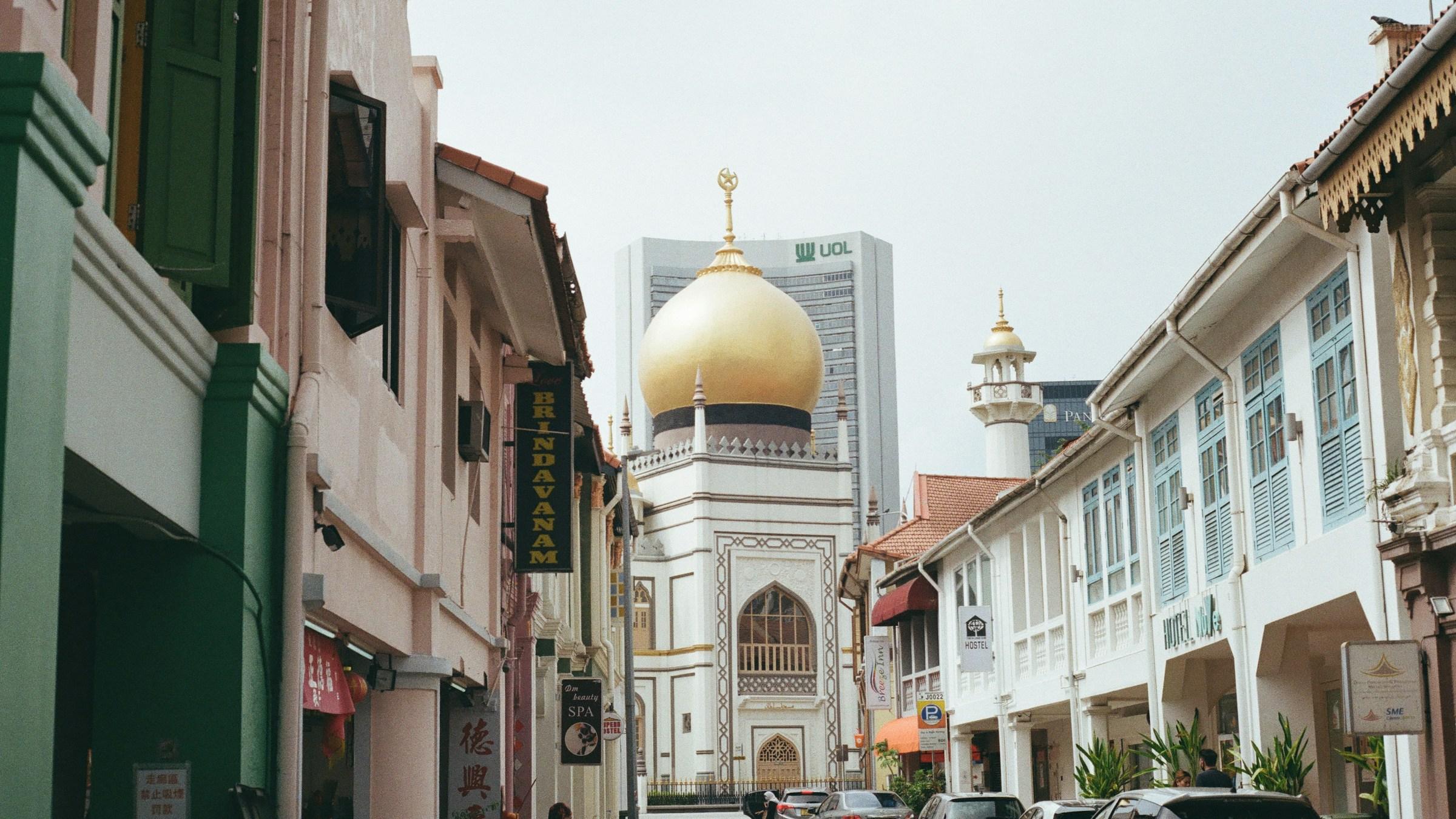 The Sultan Mosque at the end of Bussorah Street in Kampong Glam, Singapore