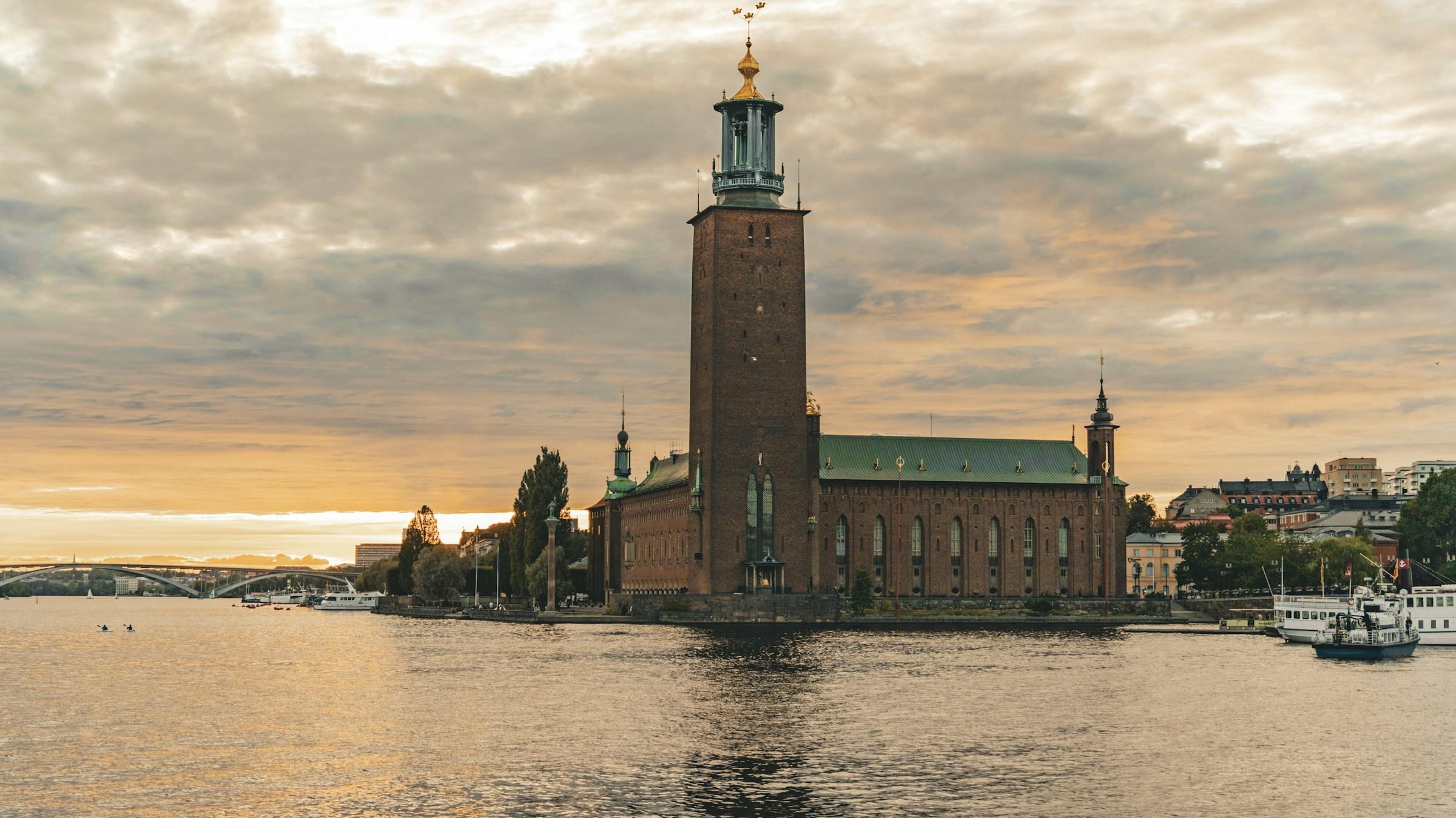 Stockholm City Hall on the water in the evening light