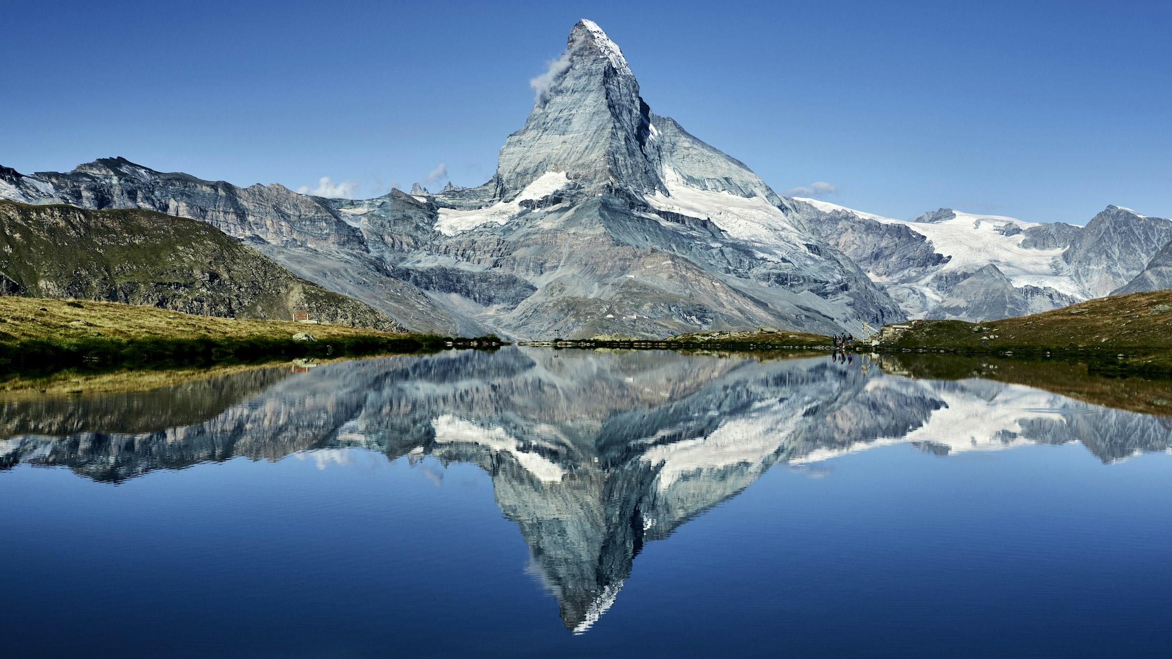The Matterhorn reflected in a mountain lake near Zermatt
