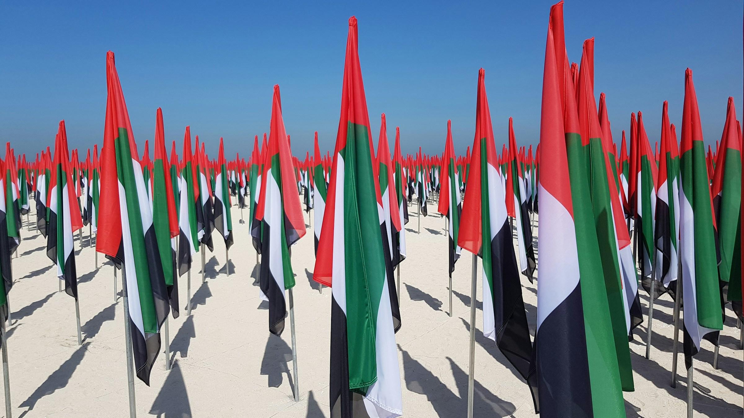 Rows of UAE flags under a blue sky in Dubai