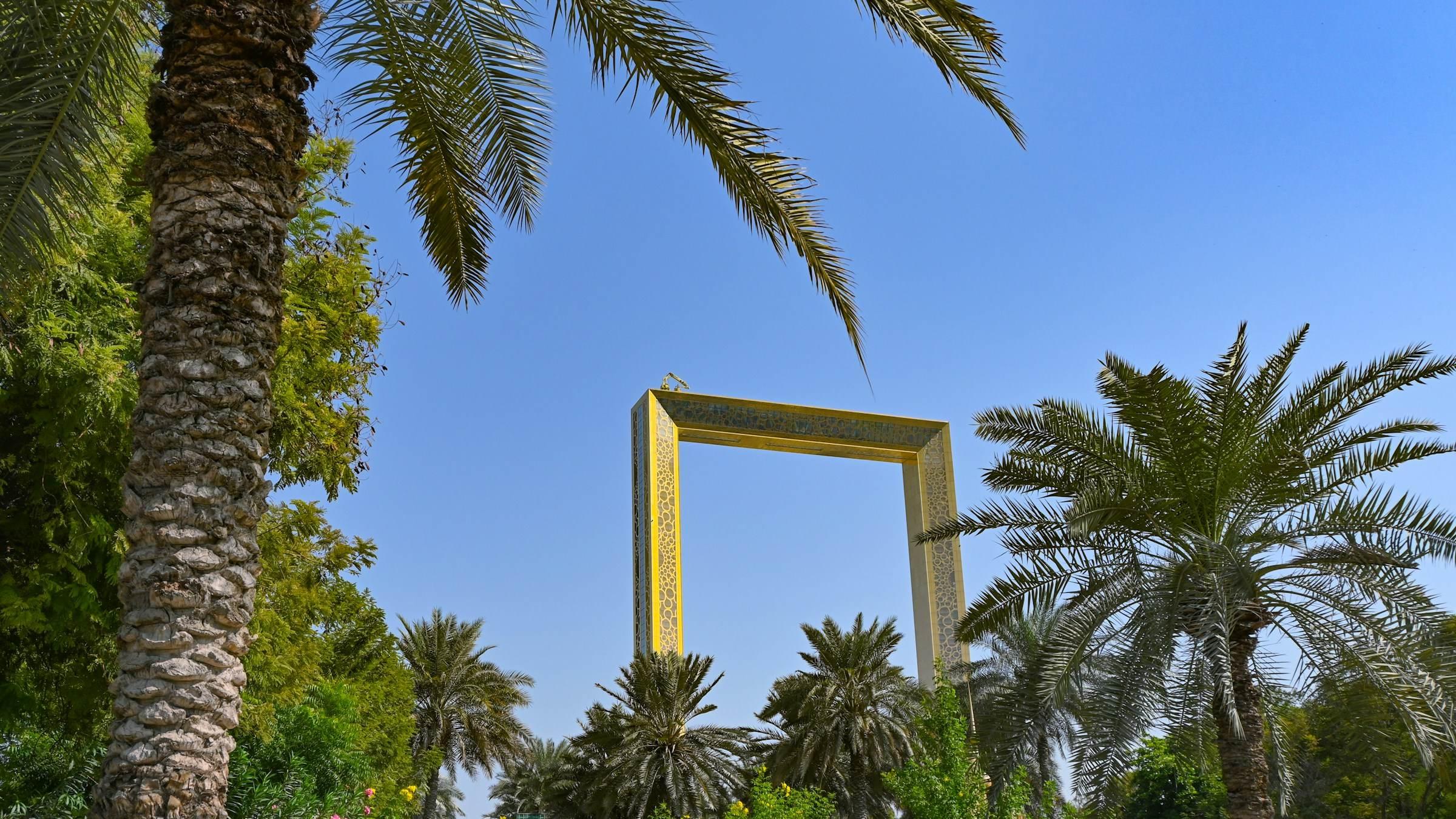 The Dubai Frame in Zabeel Park, seen between palm trees