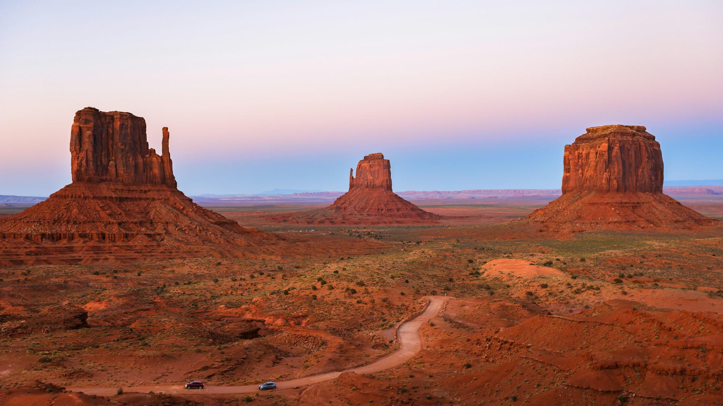 The Mitten Buttes in Monument Valley, on the Arizona–Utah border, at dusk