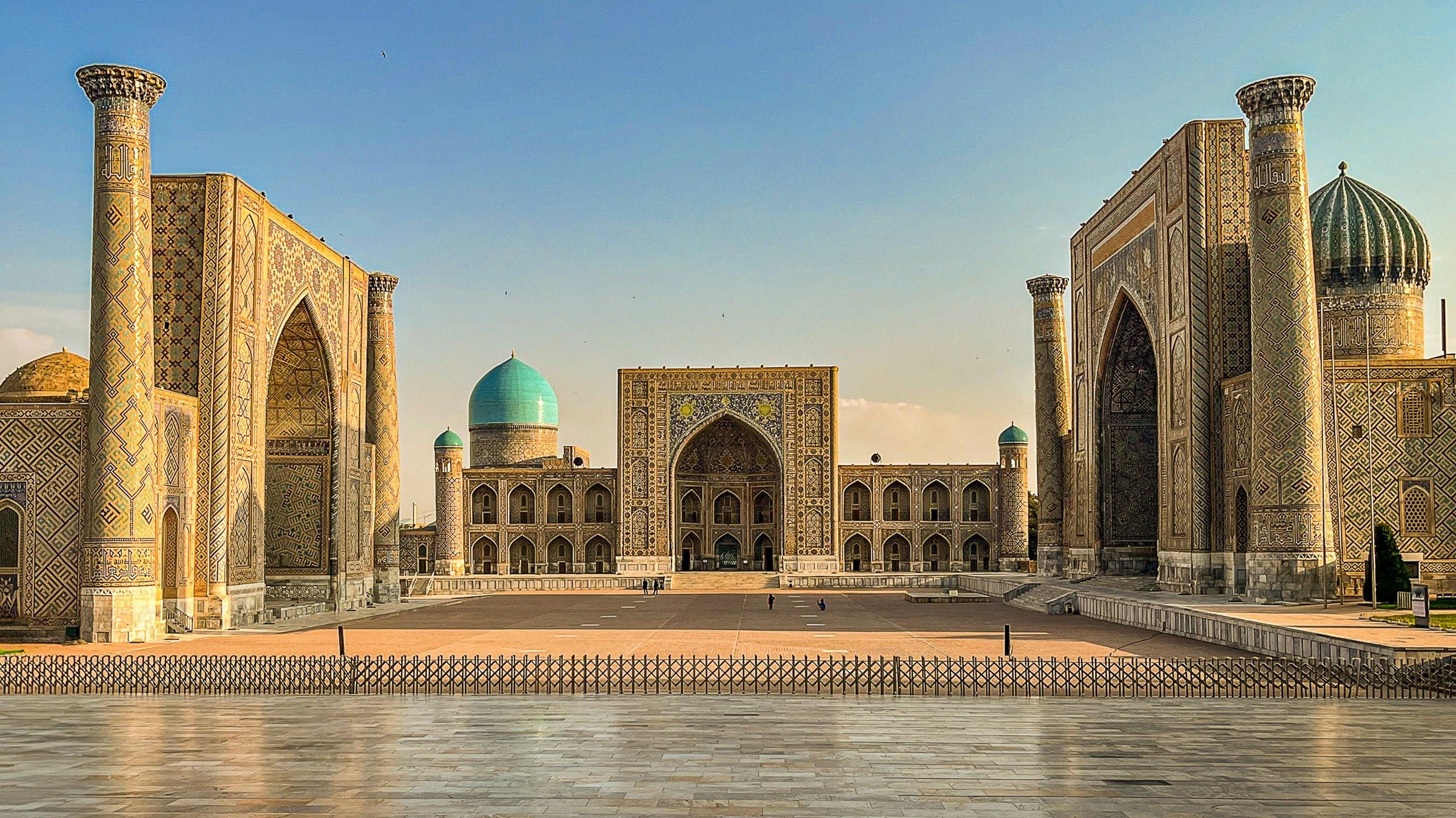 The Registan in Samarkand, Uzbekistan, in evening light