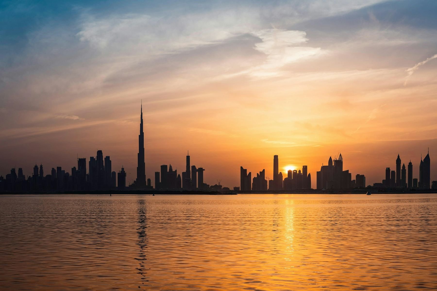 The Dubai skyline and Burj Khalifa at sunset
