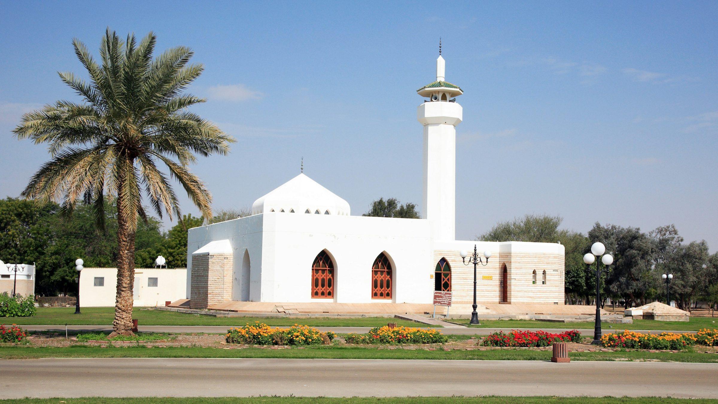 A white mosque among palms and flower beds in a park in Sharjah