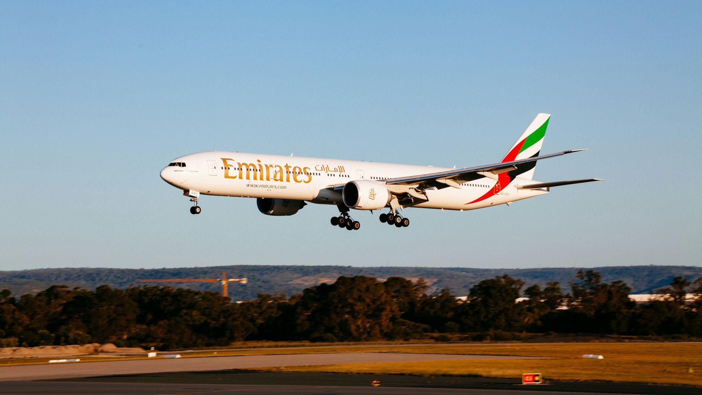 An Emirates Boeing 777 coming in to land