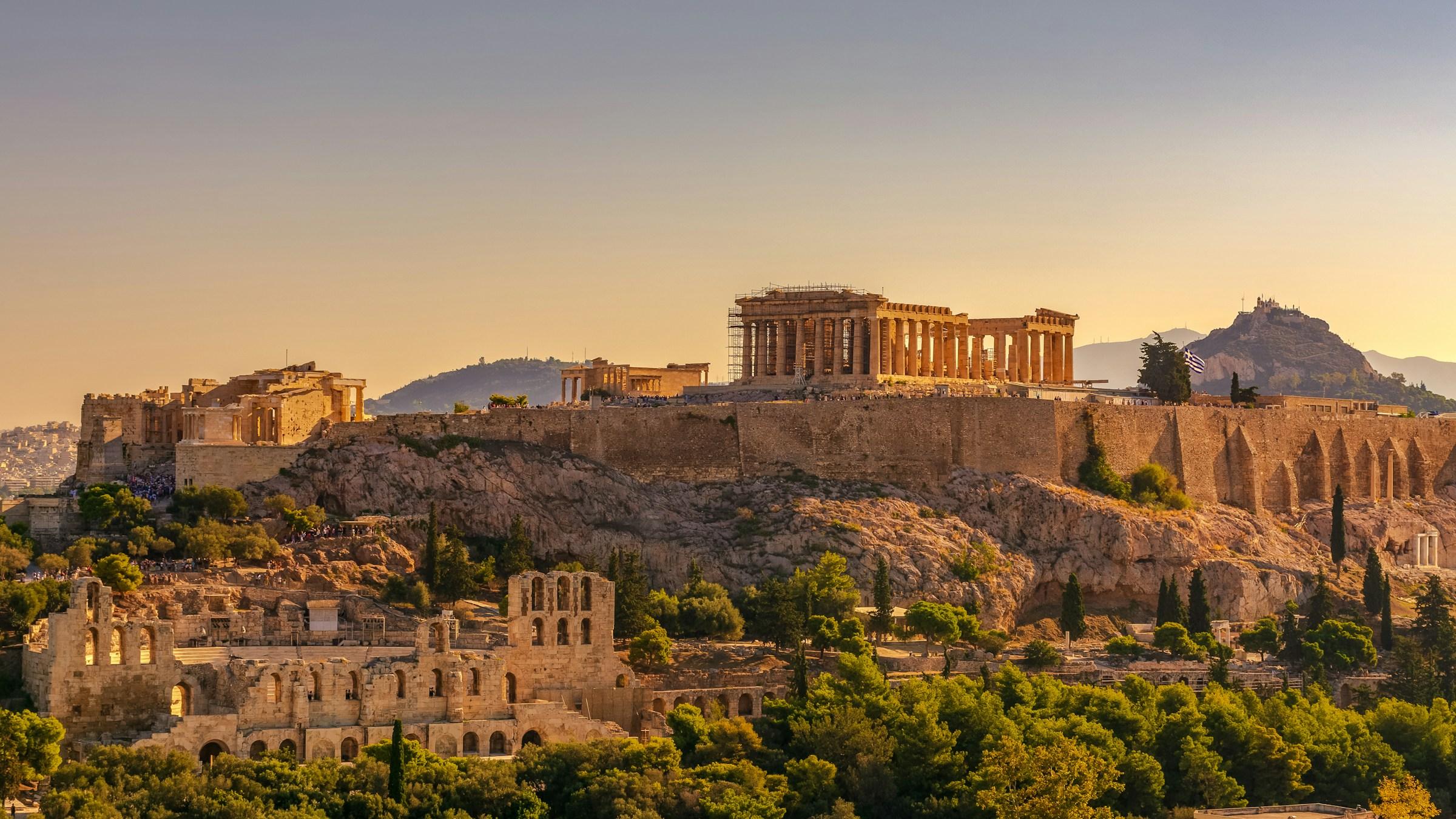 The Acropolis of Athens at sunset, from Filopappou Hill