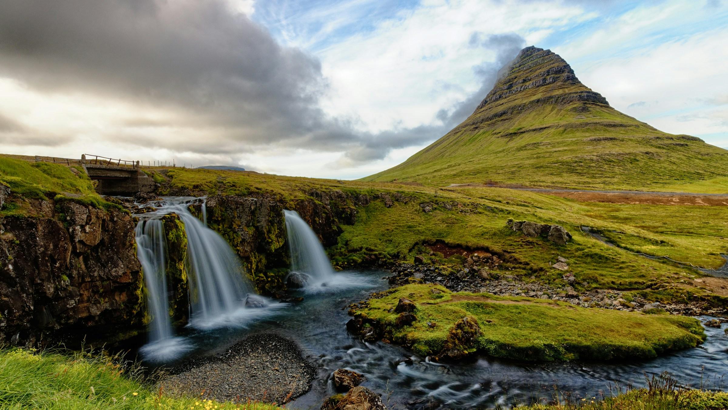 Kirkjufell mountain above the Kirkjufellsfoss waterfall on Iceland's Snæfellsnes peninsula