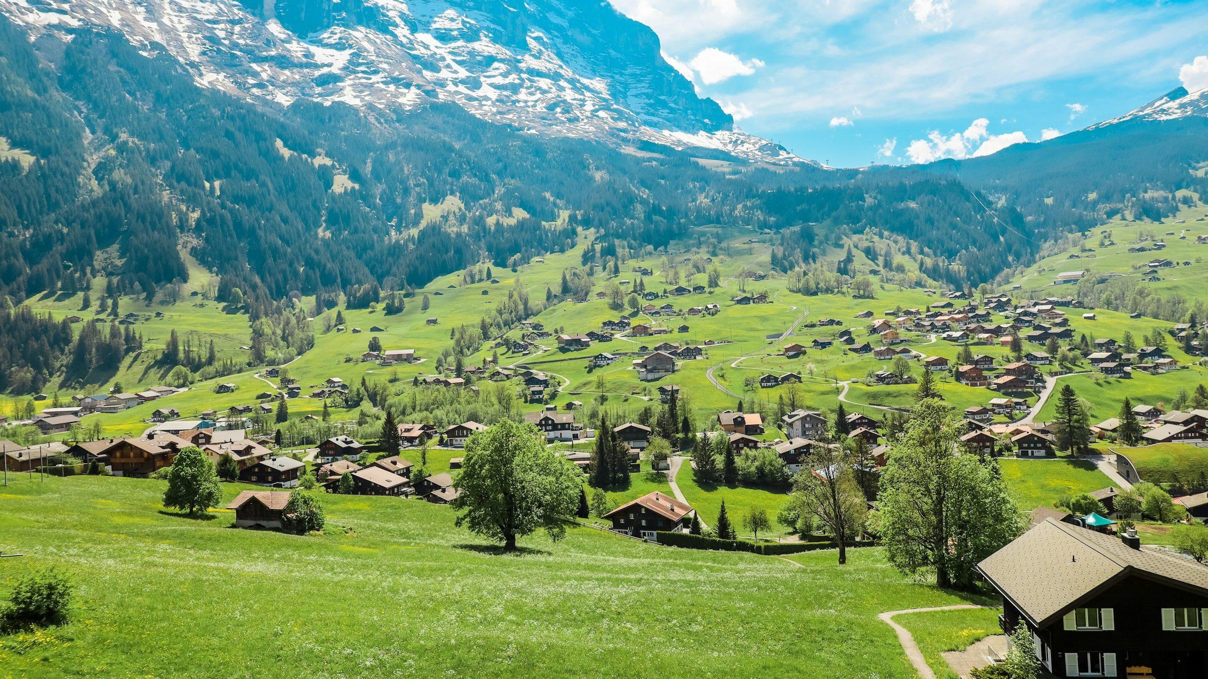 Grindelwald and its meadows below the mountains of the Jungfrau region, Switzerland