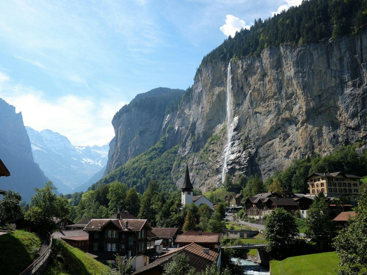 A waterfall dropping into the Lauterbrunnen valley in Switzerland