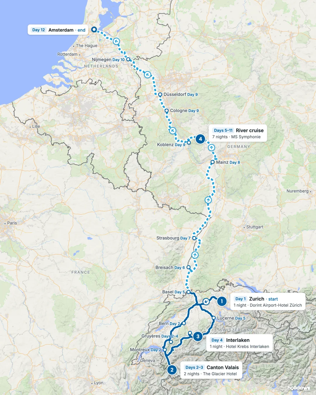Map of the route, with each hotel stay numbered in order: 1 Zurich, 2 Canton Valais, 3 Interlaken, 4 River cruise.