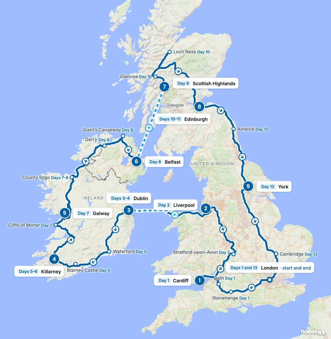 Map of the route, with each hotel stay numbered in order: 1 Cardiff, 2 Liverpool, 3 Dublin, 4 Killarney, 5 Galway, 6 Belfast, 7 Scottish Highlands, 8 Edinburgh, 9 York.
