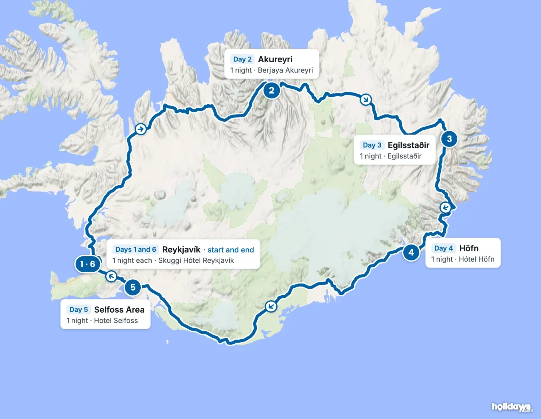 Map of the route, with each hotel stay numbered in order: 1 Reykjavík, 2 Akureyri, 3 Egilsstaðir, 4 Höfn, 5 Selfoss Area, 6 Reykjavík.