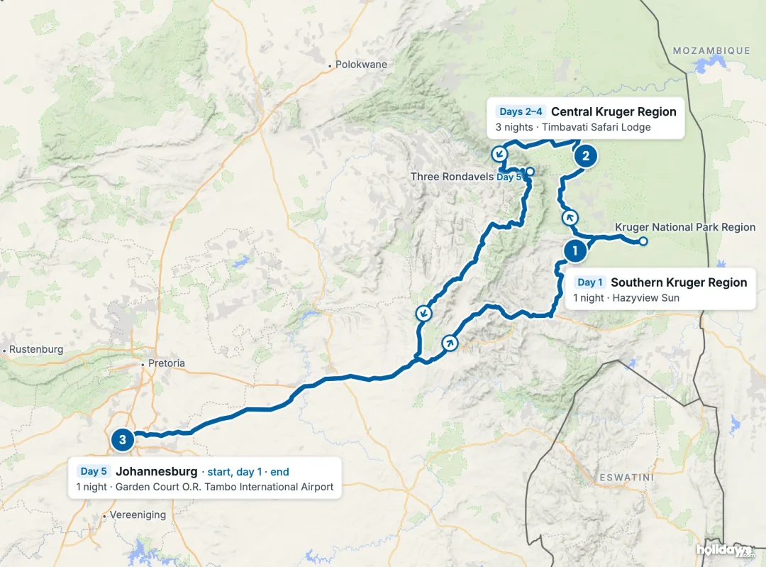 Map of the route, with each hotel stay numbered in order: 1 Southern Kruger Region, 2 Central Kruger Region, 3 Johannesburg.