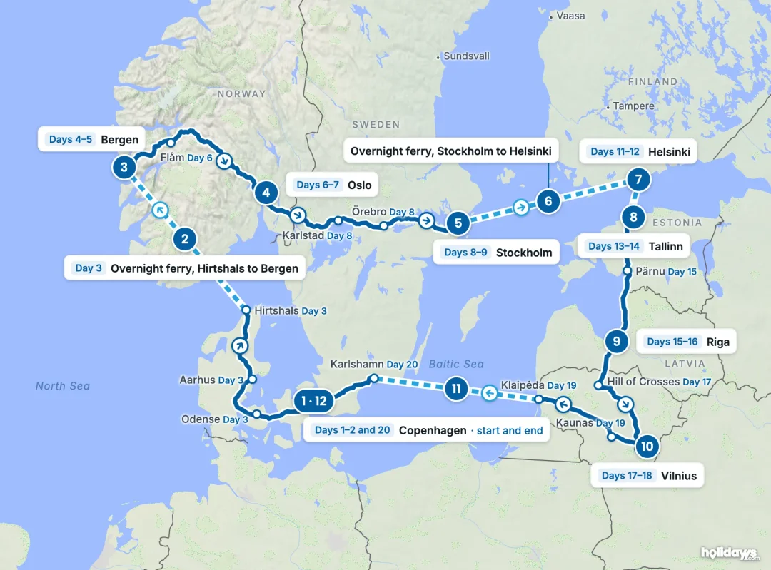 Map of the route, with each hotel stay numbered in order: 1 Copenhagen, 2 Overnight ferry, Hirtshals to Bergen, 3 Bergen, 4 Oslo, 5 Stockholm, 6 Overnight ferry, Stockholm to Helsinki, 7 Helsinki, 8 Tallinn, 9 Riga, 10 Vilnius, 11 Overnight ferry, Klaipėda to Karlshamn, 12 Copenhagen.