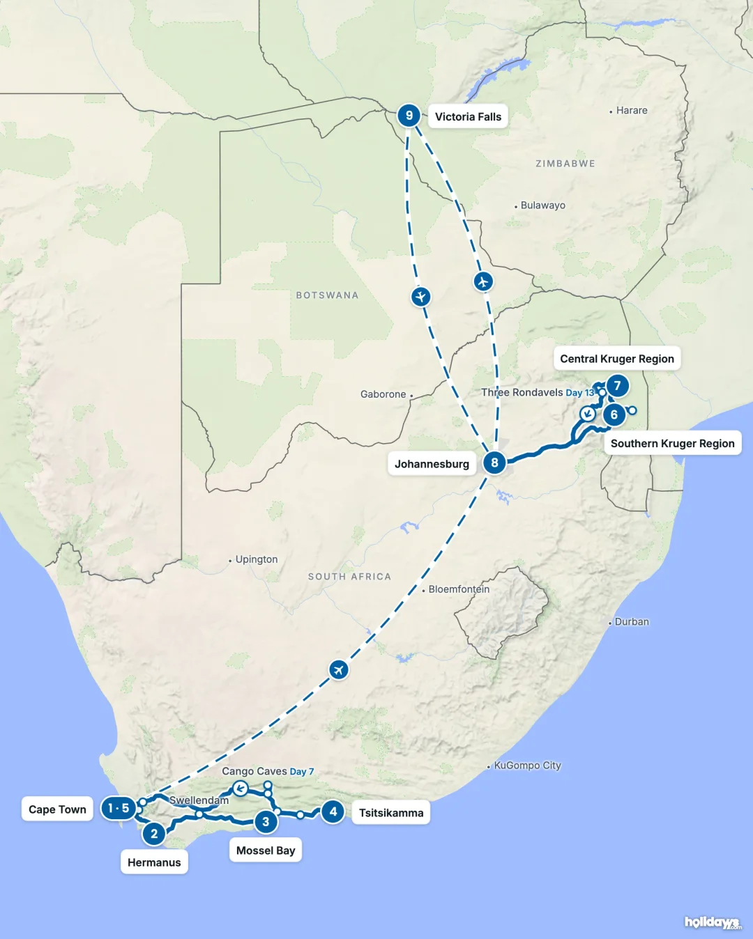 Map of the route, with each hotel stay numbered in order: 1 Cape Town, 2 Hermanus, 3 Mossel Bay, 4 Tsitsikamma, 5 Cape Town, 6 Southern Kruger Region, 7 Central Kruger Region, 8 Johannesburg, 9 Victoria Falls.