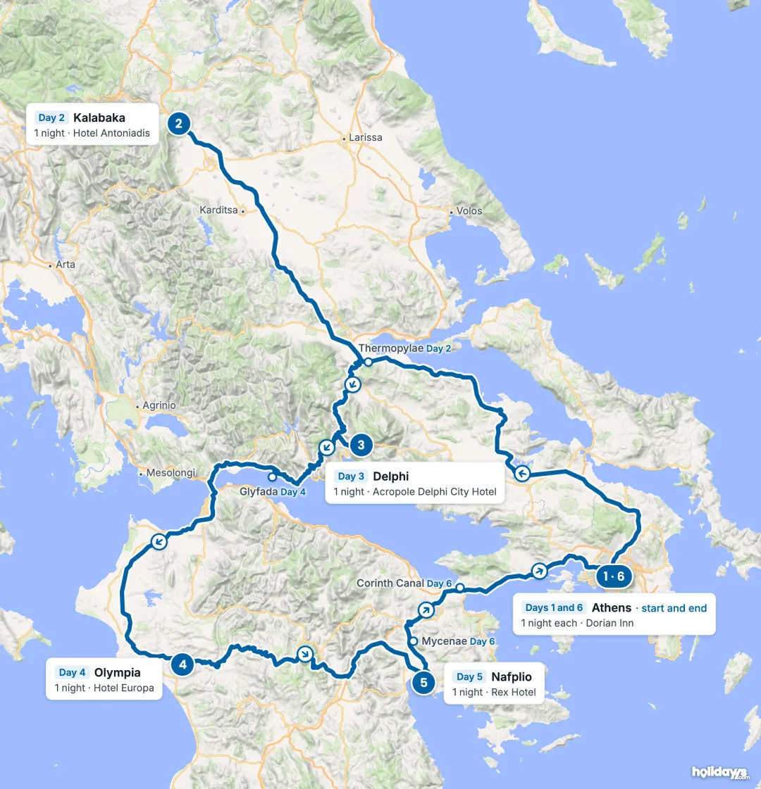 Map of the route, with each hotel stay numbered in order: 1 Athens, 2 Kalabaka, 3 Delphi, 4 Olympia, 5 Nafplio, 6 Athens.