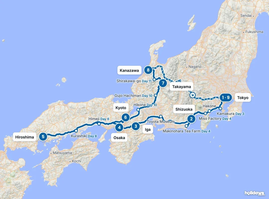 Map of the route, with each hotel stay numbered in order: 1 Tokyo, 2 Shizuoka, 3 Iga, 4 Osaka, 5 Hiroshima, 6 Kyoto, 7 Takayama, 8 Kanazawa, 9 Tokyo.