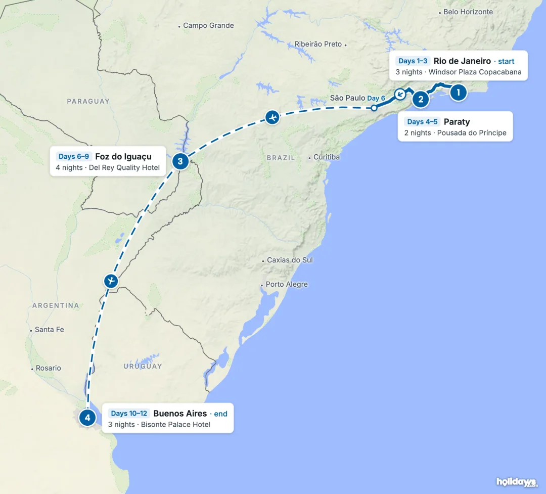Map of the route, with each hotel stay numbered in order: 1 Rio de Janeiro, 2 Paraty, 3 Foz do Iguaçu, 4 Buenos Aires.