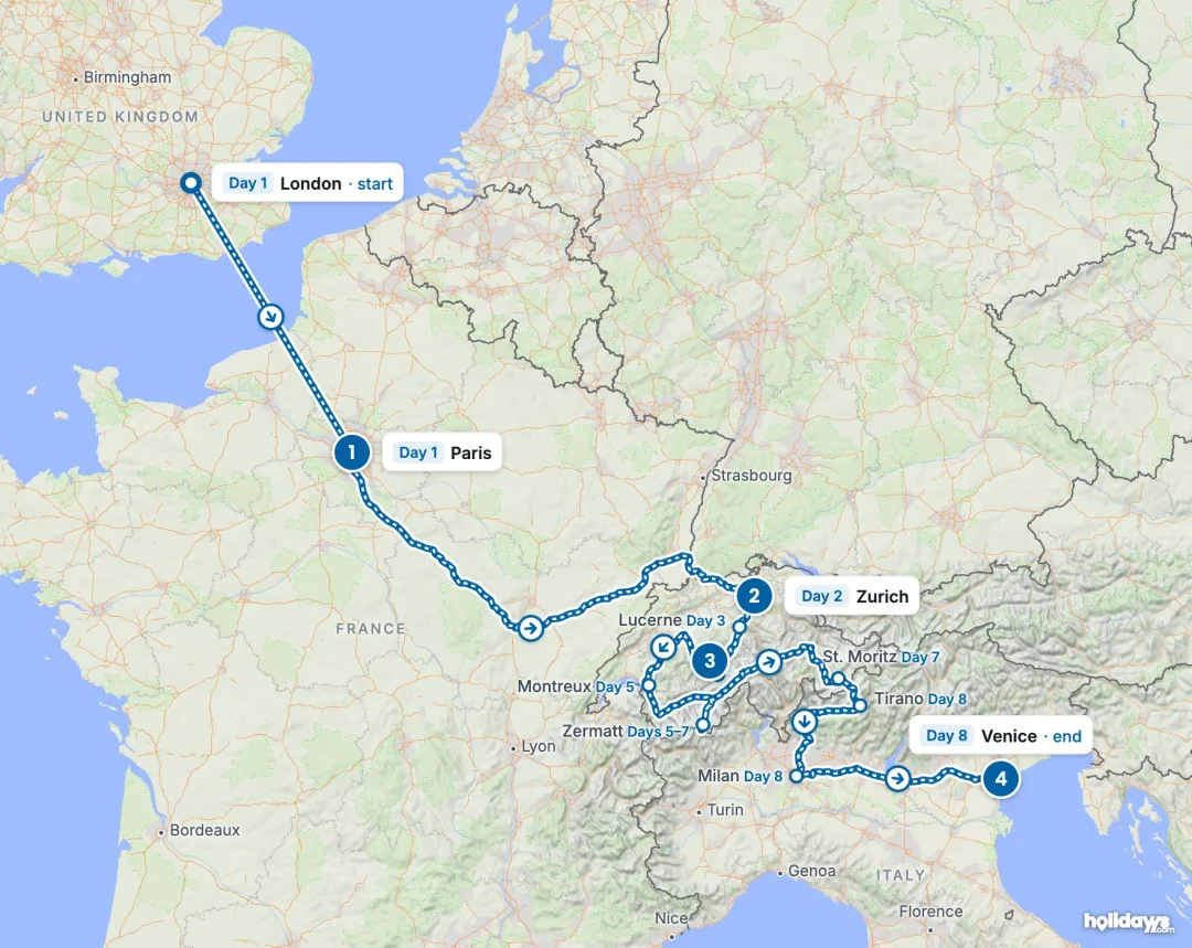 Map of the route, with each hotel stay numbered in order: 1 Paris, 2 Zurich, 3 Interlaken, 4 Venice.