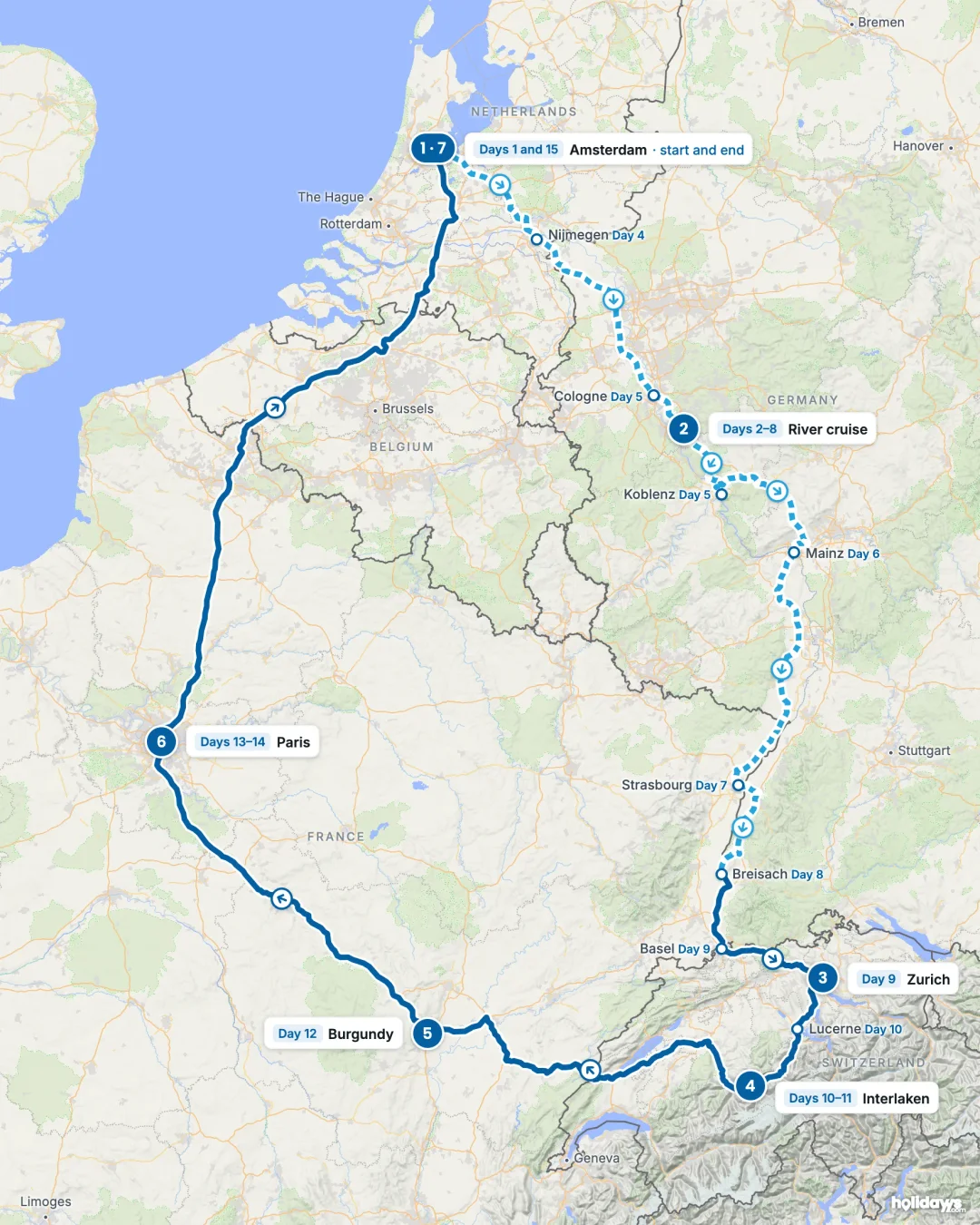 Map of the route, with each hotel stay numbered in order: 1 Amsterdam, 2 River cruise, 3 Zurich, 4 Interlaken, 5 Burgundy, 6 Paris, 7 Amsterdam.