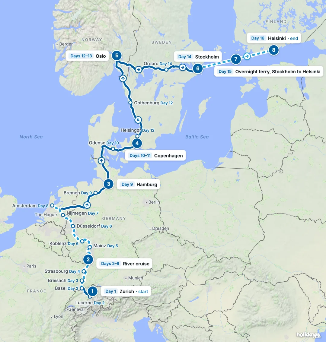 Map of the route, with each hotel stay numbered in order: 1 Zurich, 2 River cruise, 3 Hamburg, 4 Copenhagen, 5 Oslo, 6 Stockholm, 7 Overnight ferry, Stockholm to Helsinki, 8 Helsinki.