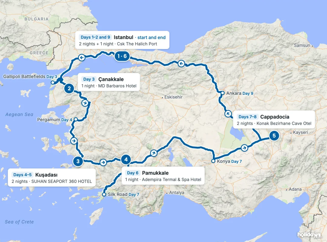 Map of the route, with each hotel stay numbered in order: 1 Istanbul, 2 Çanakkale, 3 Kuşadası, 4 Pamukkale, 5 Cappadocia, 6 Istanbul.