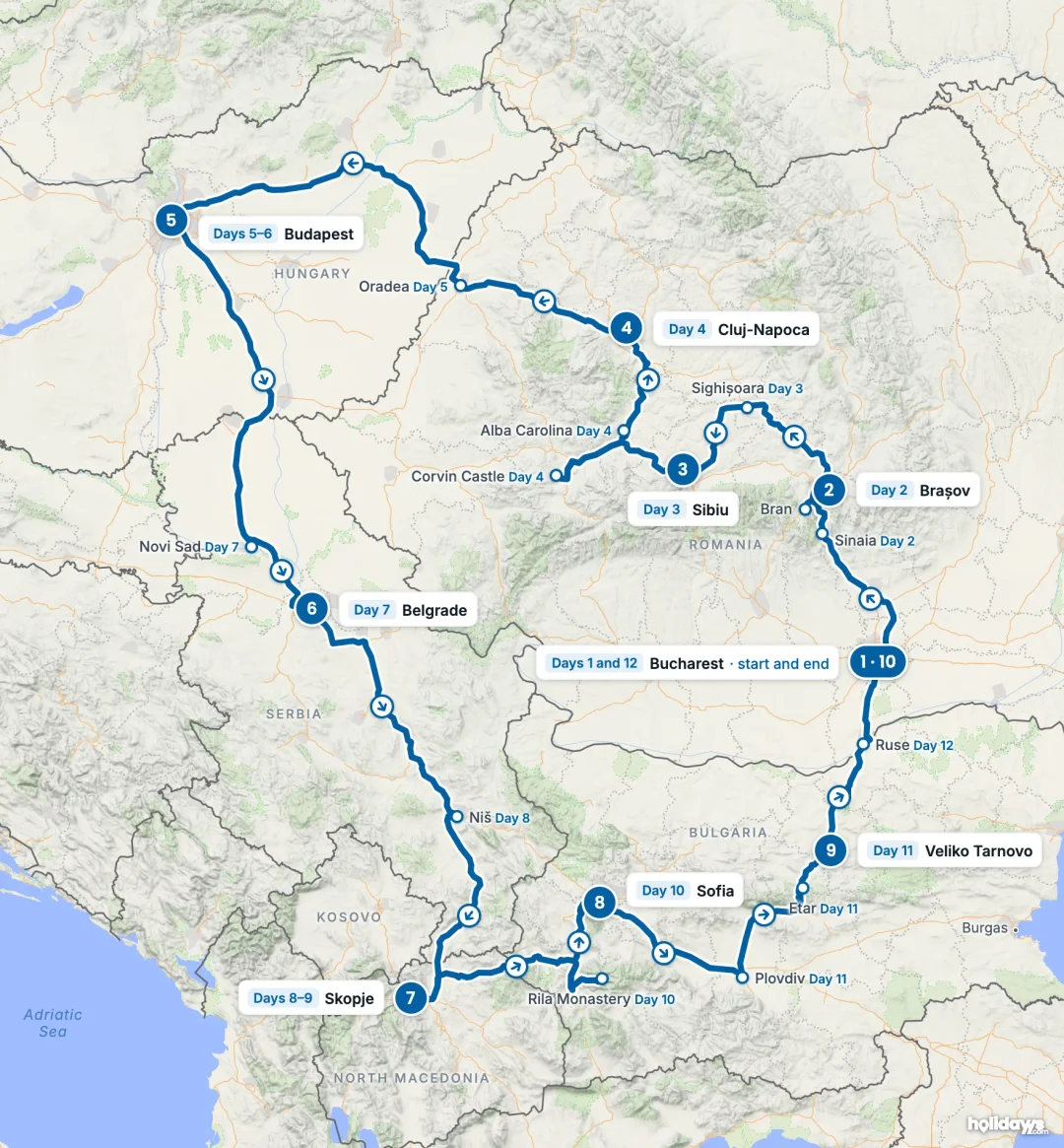 Map of the route, with each hotel stay numbered in order: 1 Bucharest, 2 Brașov, 3 Sibiu, 4 Cluj-Napoca, 5 Budapest, 6 Belgrade, 7 Skopje, 8 Sofia, 9 Veliko Tarnovo, 10 Bucharest.