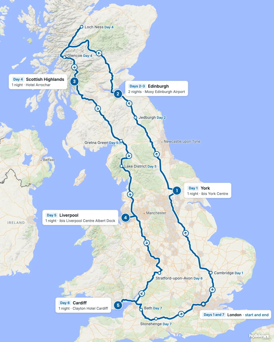 Map of the route, with each hotel stay numbered in order: 1 York, 2 Edinburgh, 3 Scottish Highlands, 4 Liverpool, 5 Cardiff.