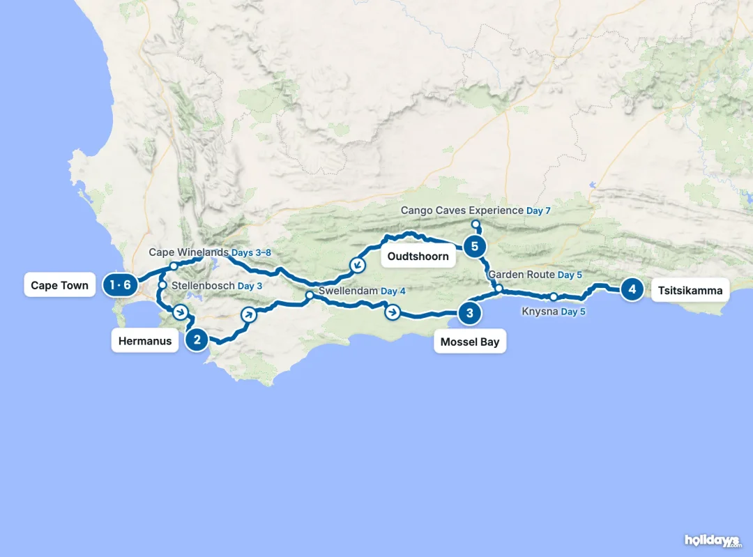 Map of the route, with each hotel stay numbered in order: 1 Cape Town, 2 Hermanus, 3 Mossel Bay, 4 Tsitsikamma, 5 Oudtshoorn, 6 Cape Town.