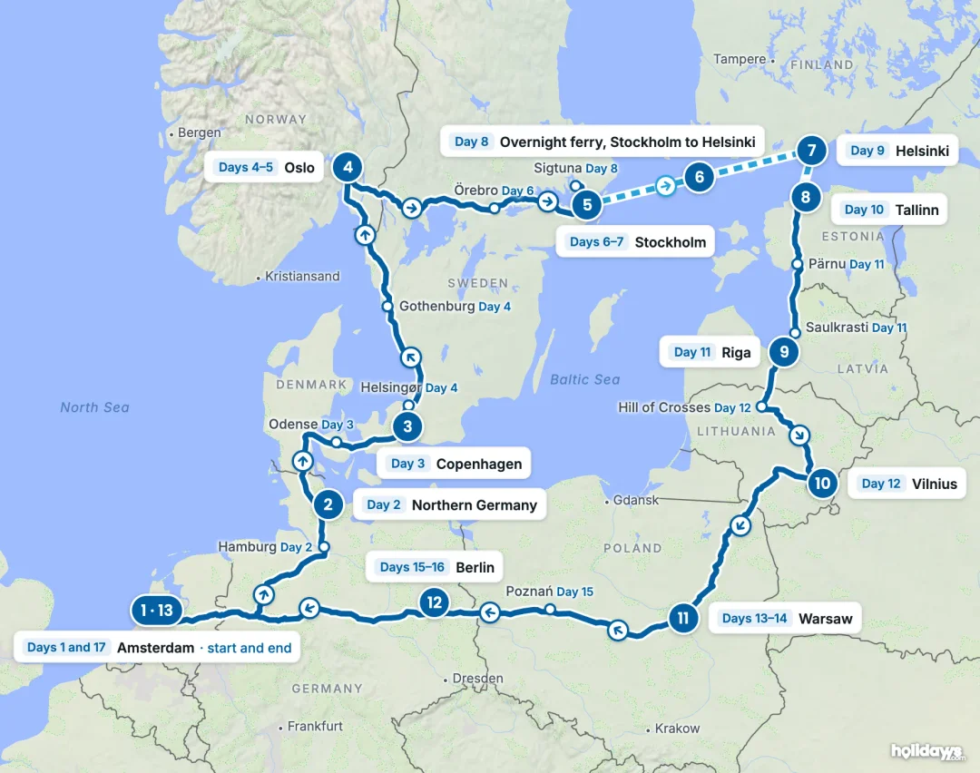 Map of the route, with each hotel stay numbered in order: 1 Amsterdam, 2 Northern Germany, 3 Copenhagen, 4 Oslo, 5 Stockholm, 6 Overnight ferry, Stockholm to Helsinki, 7 Helsinki, 8 Tallinn, 9 Riga, 10 Vilnius, 11 Warsaw, 12 Berlin, 13 Amsterdam.
