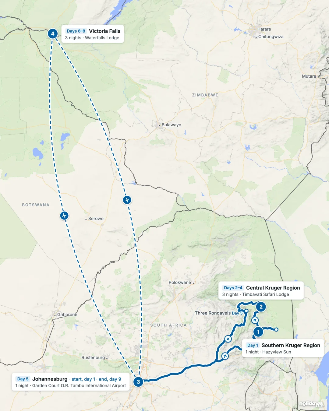Map of the route, with each hotel stay numbered in order: 1 Southern Kruger Region, 2 Central Kruger Region, 3 Johannesburg, 4 Victoria Falls.