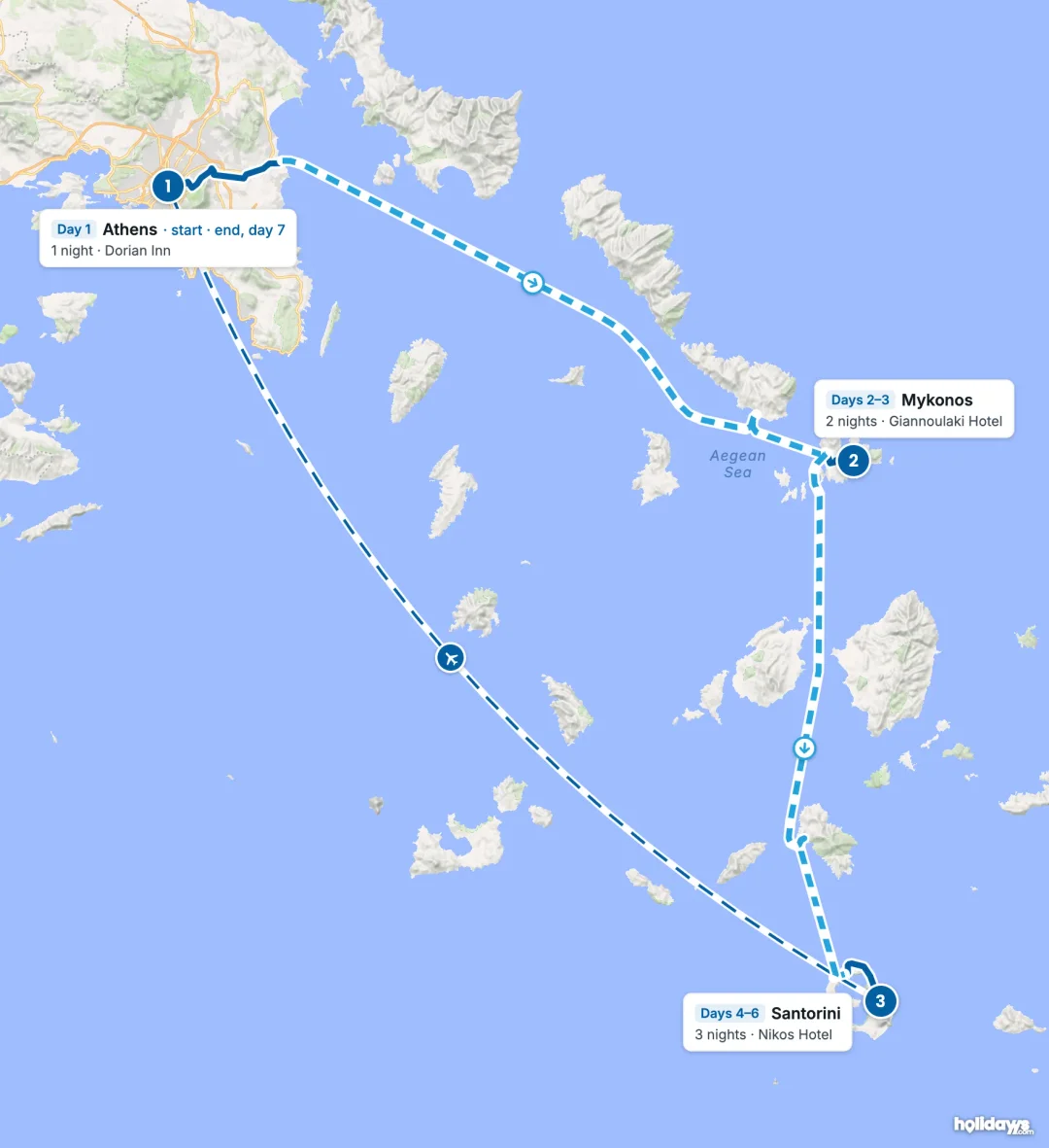 Map of the route, with each hotel stay numbered in order: 1 Athens, 2 Mykonos, 3 Santorini.