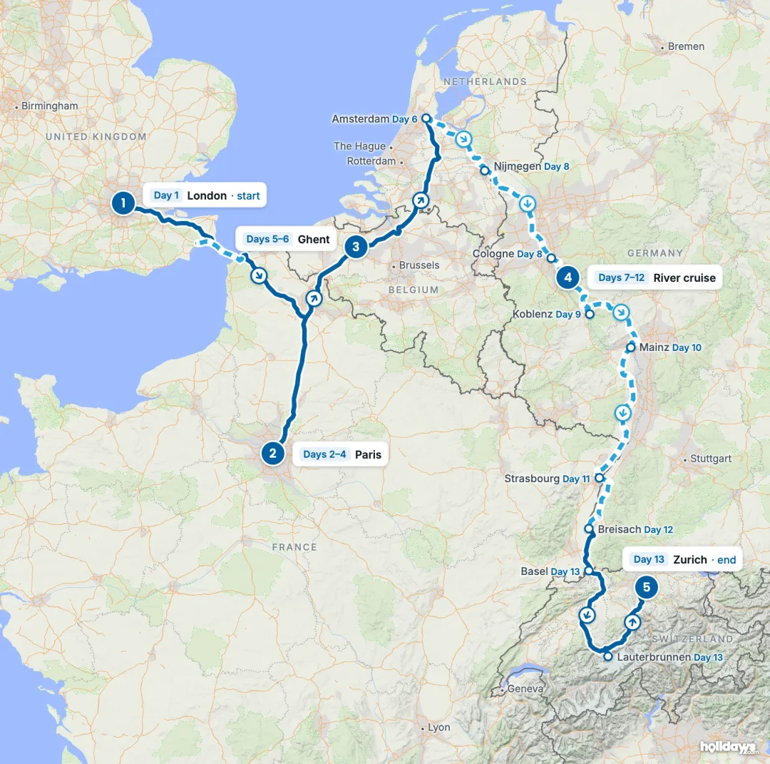 Map of the route, with each hotel stay numbered in order: 1 London, 2 Paris, 3 Ghent, 4 River cruise, 5 Zurich.