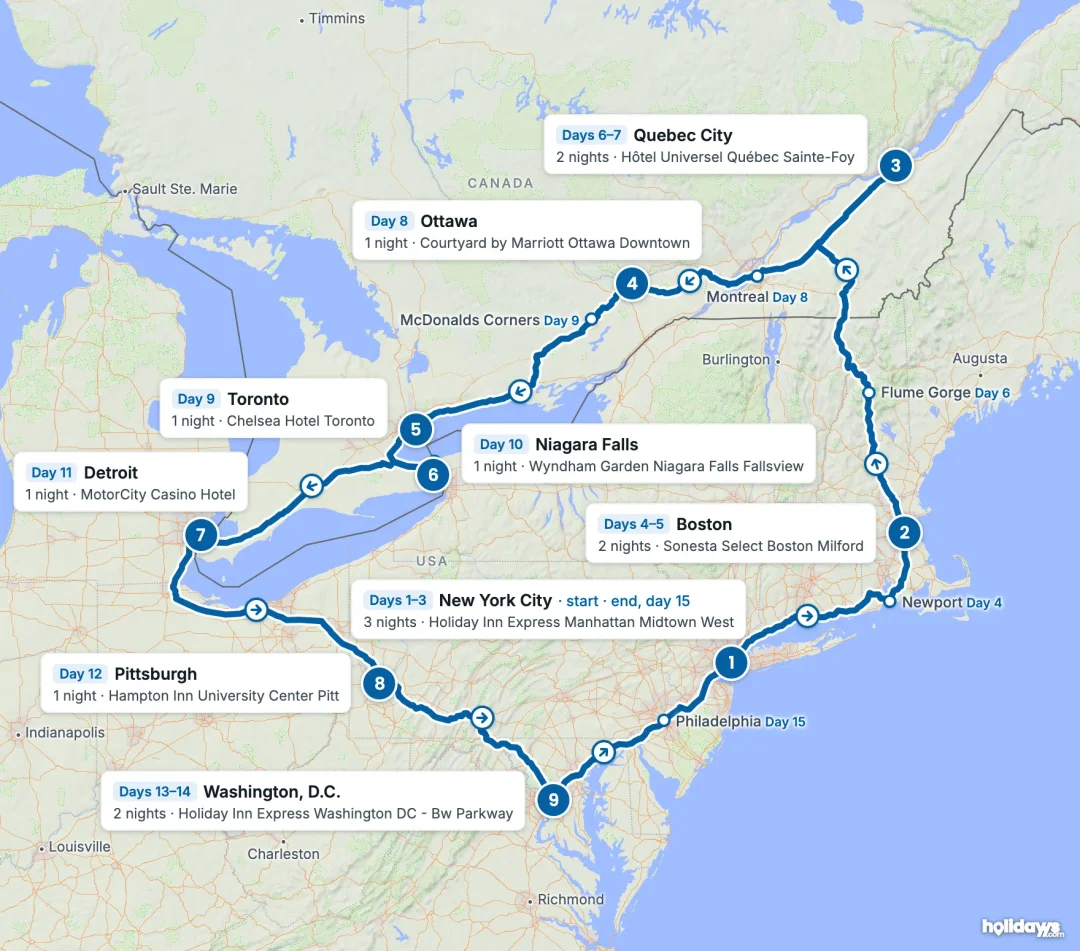 Map of the route, with each hotel stay numbered in order: 1 New York City, 2 Boston, 3 Quebec City, 4 Ottawa, 5 Toronto, 6 Niagara Falls, 7 Detroit, 8 Pittsburgh, 9 Washington, D.C..