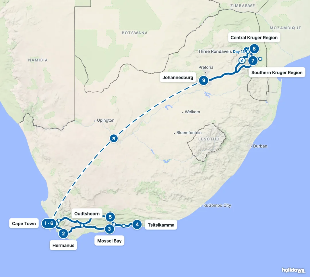 Map of the route, with each hotel stay numbered in order: 1 Cape Town, 2 Hermanus, 3 Mossel Bay, 4 Tsitsikamma, 5 Oudtshoorn, 6 Cape Town, 7 Southern Kruger Region, 8 Central Kruger Region, 9 Johannesburg.