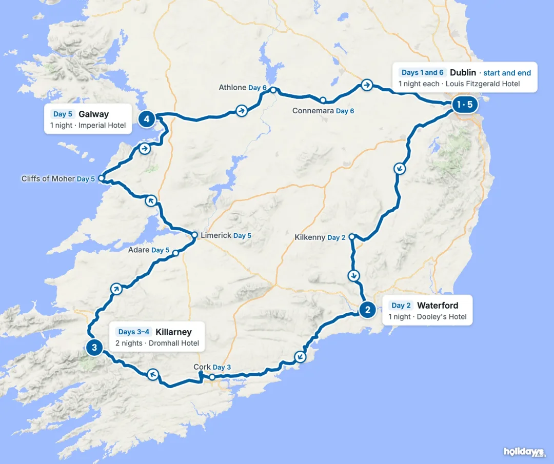 Map of the route, with each hotel stay numbered in order: 1 Dublin, 2 Waterford, 3 Killarney, 4 Galway, 5 Dublin.