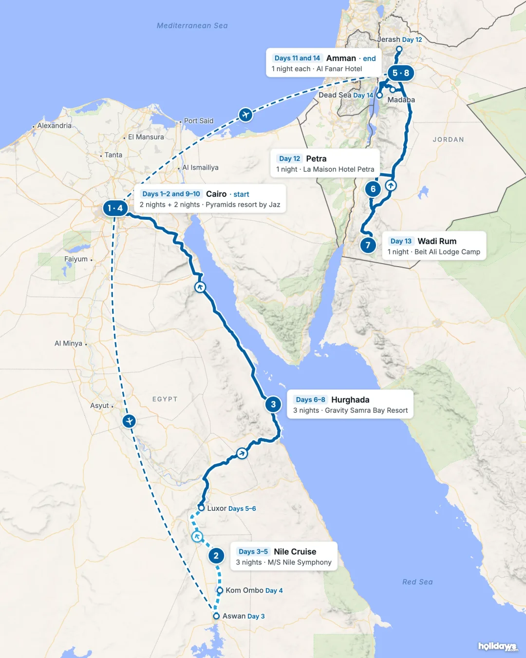 Map of the route, with each hotel stay numbered in order: 1 Cairo, 2 Nile Cruise, 3 Hurghada, 4 Cairo, 5 Amman, 6 Petra, 7 Wadi Rum, 8 Amman.