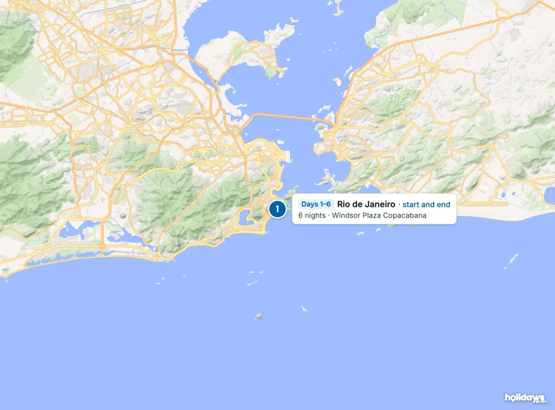 Map of the route, with each hotel stay numbered in order: 1 Rio de Janeiro.
