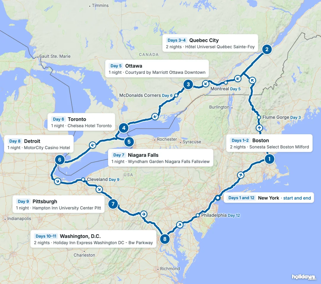 Map of the route, with each hotel stay numbered in order: 1 Boston, 2 Quebec City, 3 Ottawa, 4 Toronto, 5 Niagara Falls, 6 Detroit, 7 Pittsburgh, 8 Washington, D.C..